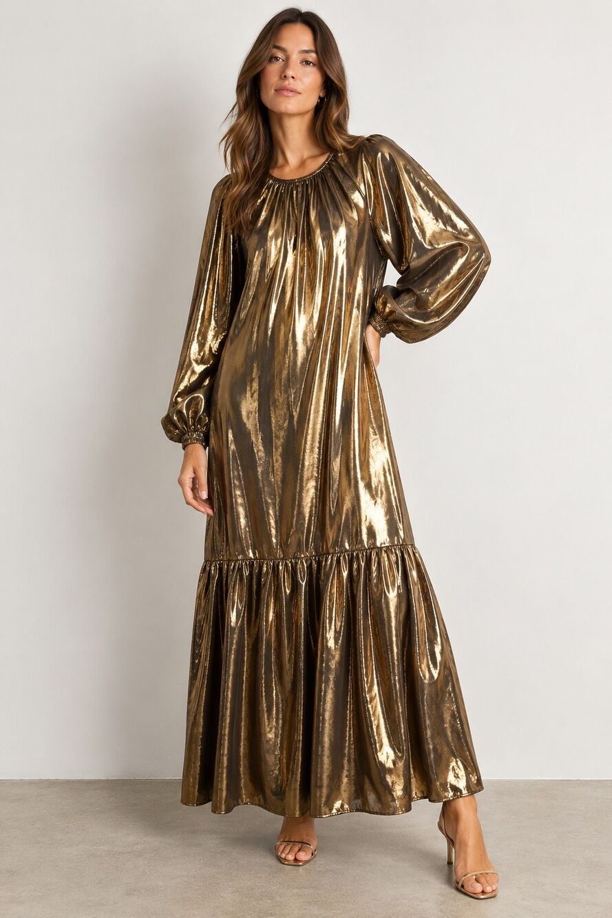Ann Mashburn Gold Lamé Metallic Tiered Maxi Dress Long Sleeve S